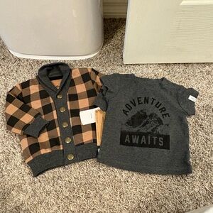 Plaid Cardigan and Graphic Tee Set for Kids